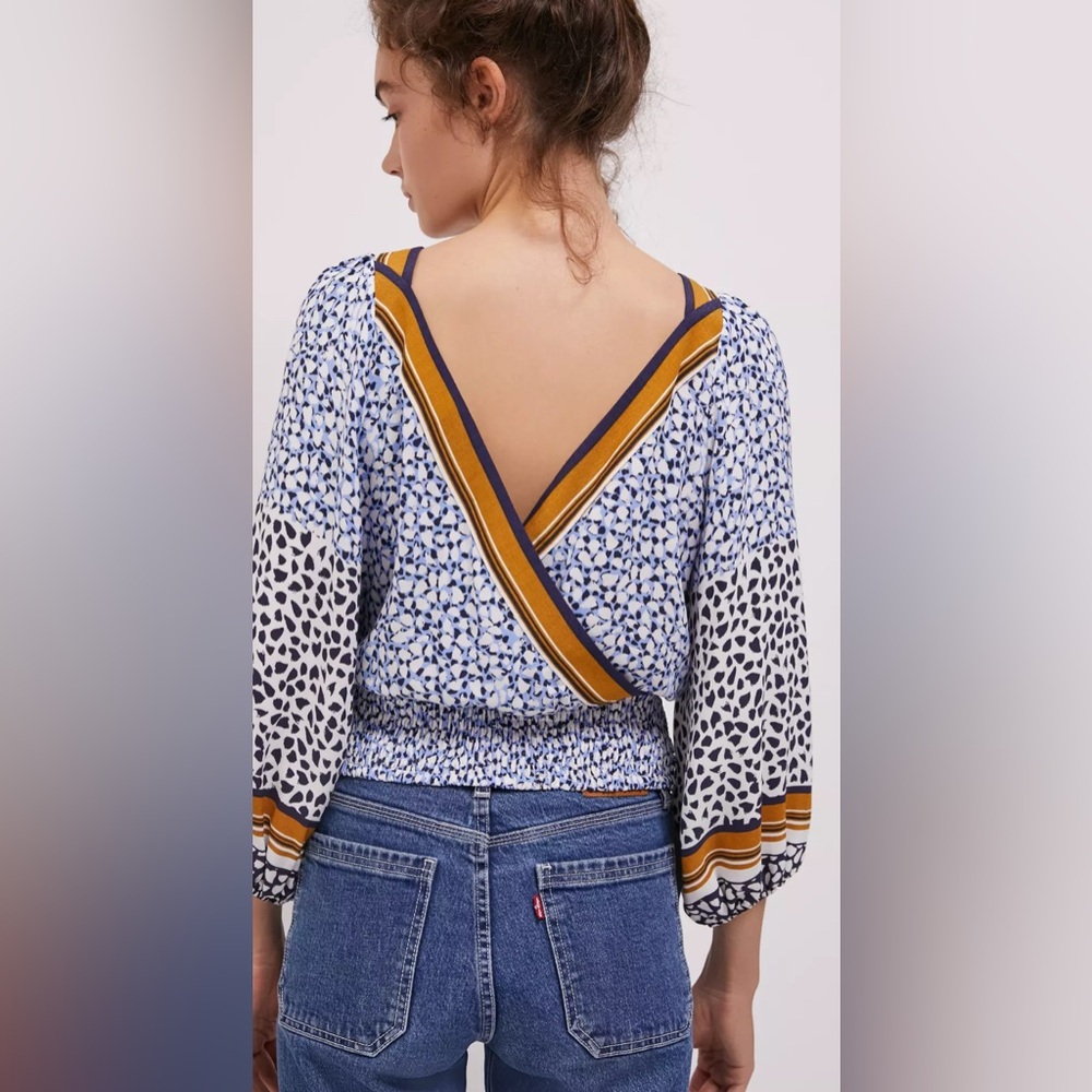 Anthropologie Blue, White & Mustard Mixed-Print Wrap Back Blouse